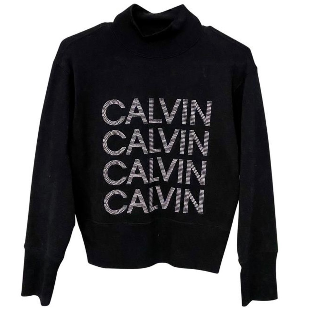 Calvin Klein Jeans Black Mock Neck Jeweled Logo Crewneck Sweatshirt